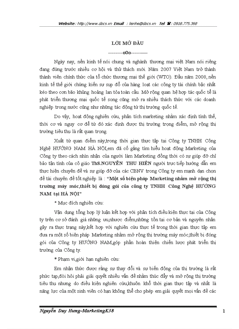 Một số biện pháp Marketing nhằm mở rộng thị trường máy móc thiết bị đóng gói của công ty TNHH Công Nghệ HƯỚNG NAM tại HÀ NỘI