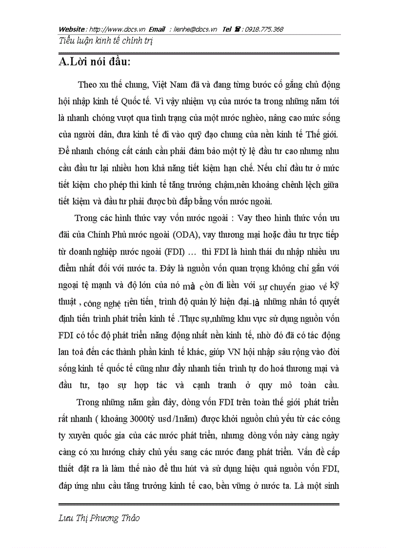 Vai trò của thành phần kinh tế có vốn đầu tư trực tiếp nước ngoài thực trạng và giải pháp trong thu hút và sử dụng vốn đầu tư trực tiếp nước ngoài F