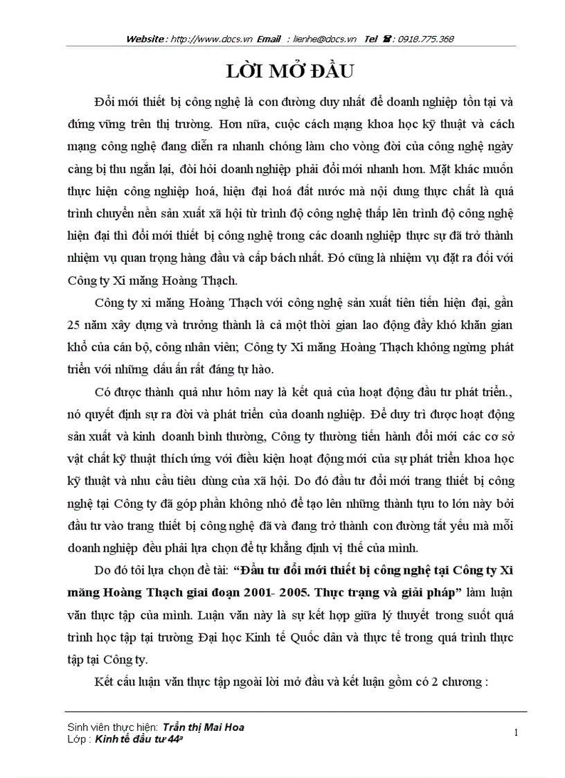 Đầu tư đổi mới thiết bị công nghệ tại Công ty Xi măng Hoàng Thạch giai đoạn 2001 2005 Thực trạng và giải pháp