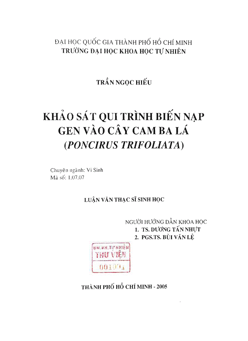 Khảo sát qui trình biến nạp gen vào cây cam ba lá poncirus trifoliata