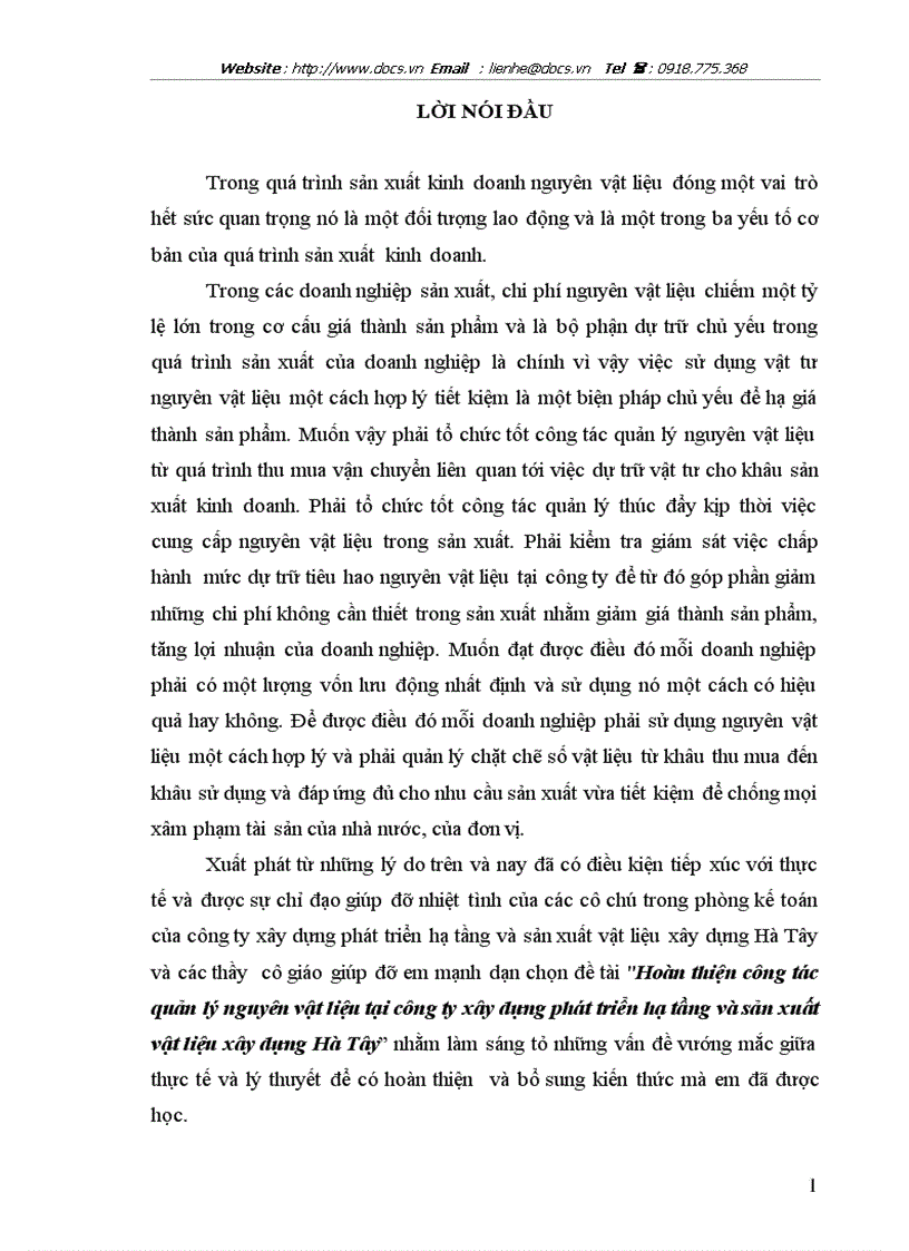 Hoàn thiện công tác quản lý nguyên vật liệu tại công ty xây dựng phát triển hạ tầng và sản xuất vật liệu xây dựng Hà Tây