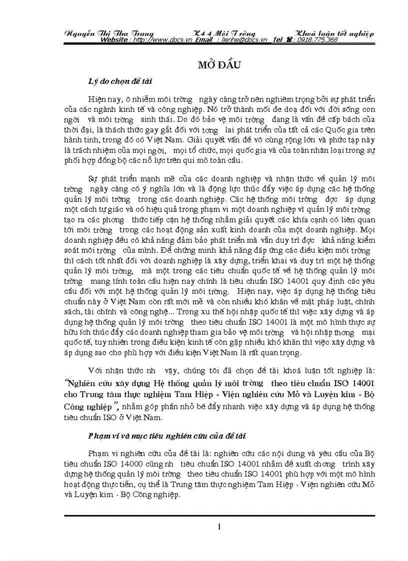 Nghiên cứu xây dựng Hệ thống quản lý môi trường theo tiêu chuẩn ISO 14001 cho Trung tâm thực nghiệm Tam Hiệp Viện nghiên cứu Mỏ và Luyện kim Bộ Cô