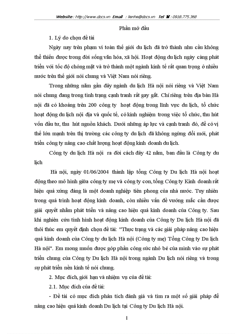 Thực trạng và các giải pháp nâng cao hiệu quả kinh doanh của Công ty du lịch Hà nội Công ty mẹ Tổng Công ty Du lịch Hà nội