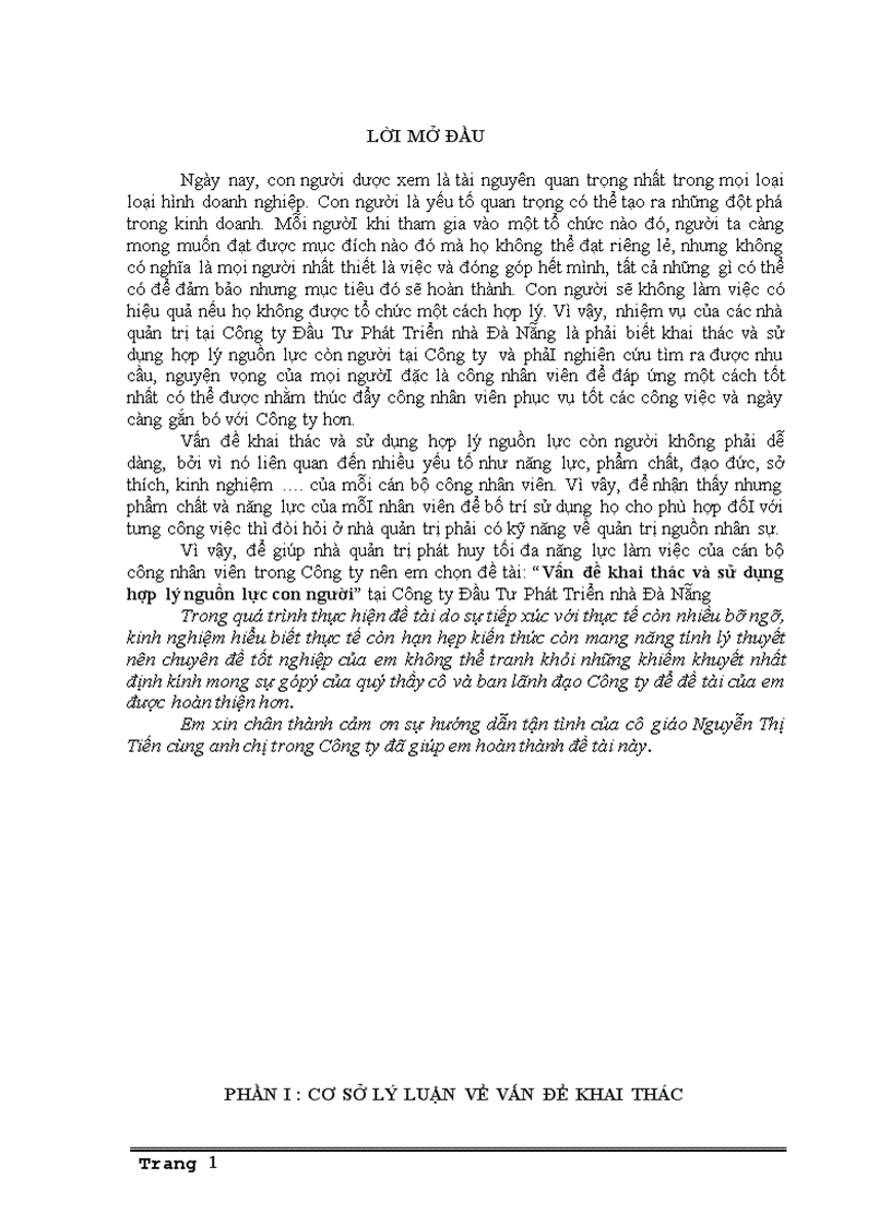 Vấn đề khai thác và sử dụng hợp lý nguồn lực con người tại Công ty Đầu Tư Phát Triển nhà Đà Nẵng