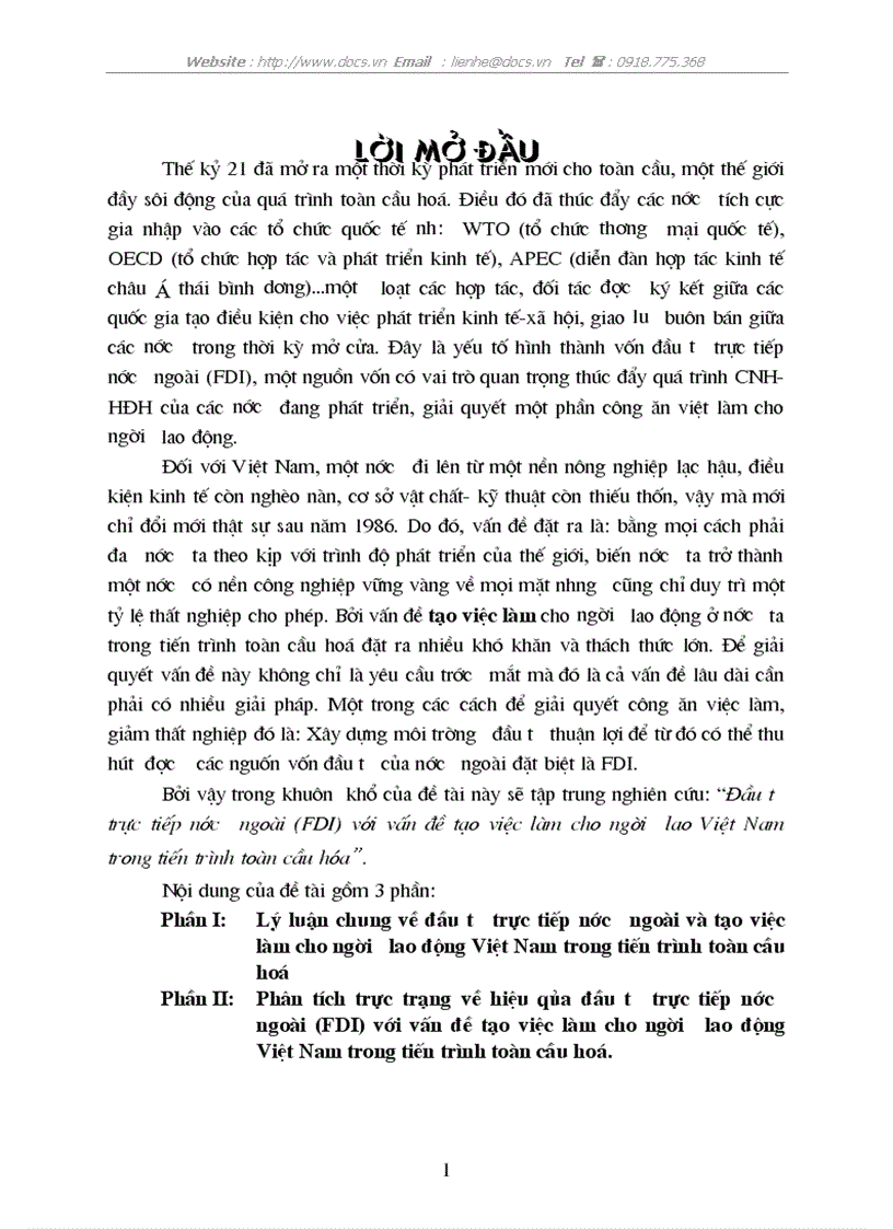 Đầu tư trực tiếp nước ngoài FDI với vấn đề tạo việc làm cho người lao Việt Nam trong tiến trình toàn cầu hóa