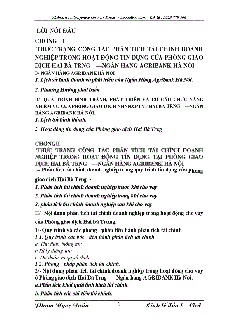 Thẩm định tài chính Doanh nghiệp trong hoạt động tín dụng của Phòng giao dịch ngânhàng NHNo PTNT AgriBank Hai Bà Trưng