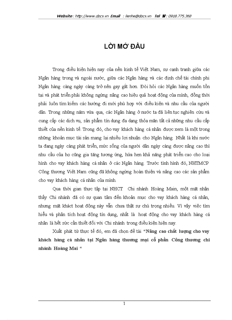 Nâng cao chất lượng cho vay khách hàng cá nhân tại Ngân hàng thương mại cổ phần Công thương chi nhánh Hoàng Mai