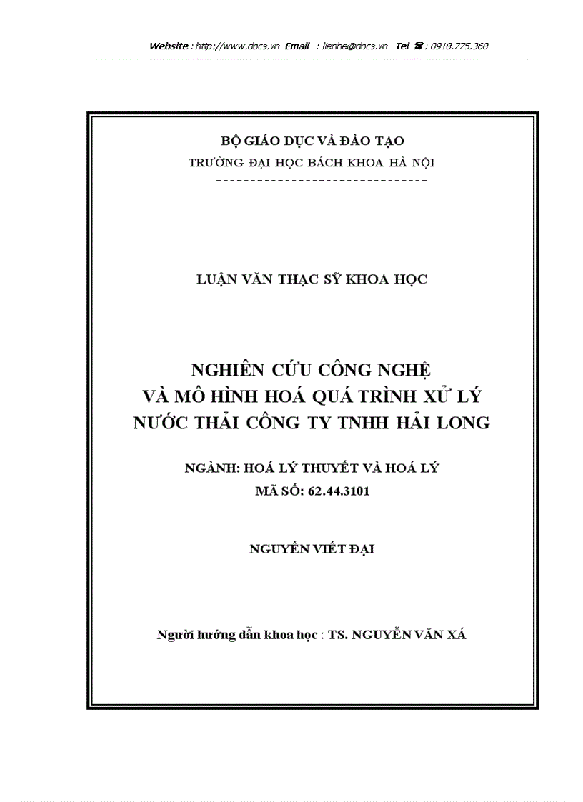 Nghiên cứu công nghệ và mô hình hoá quá trình xử lý nước thải Công ty TNHH Hải Long