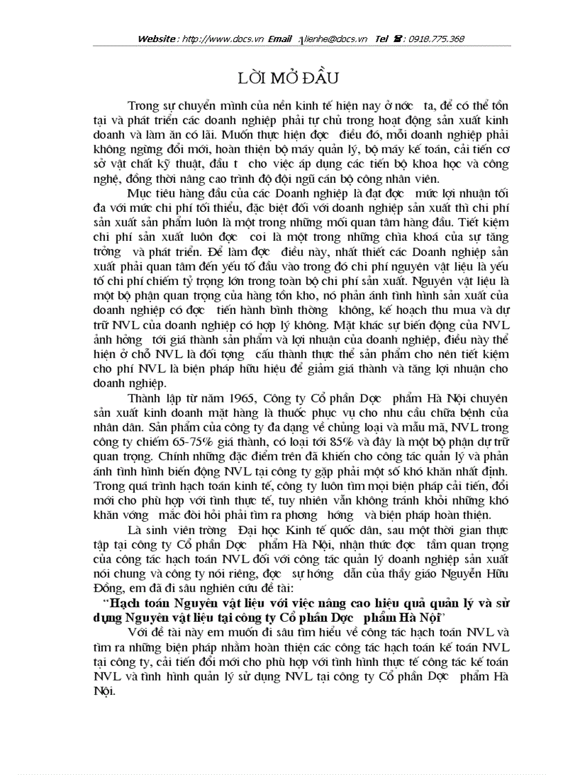 Hạch toán Nguyên vật liệu với việc nâng cao hiệu quả quản lý và sử dụng Nguyên vật liệu tại công ty Cổ phần Dược phẩm Hà Nội
