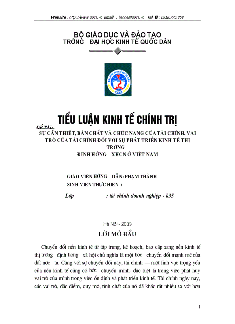 Sự cần thiết bản chất và chức năng của tài chính Vai trò của tài chính đối với sự phát triển kinh tế thị trường định hướng xhcn ở việt nam