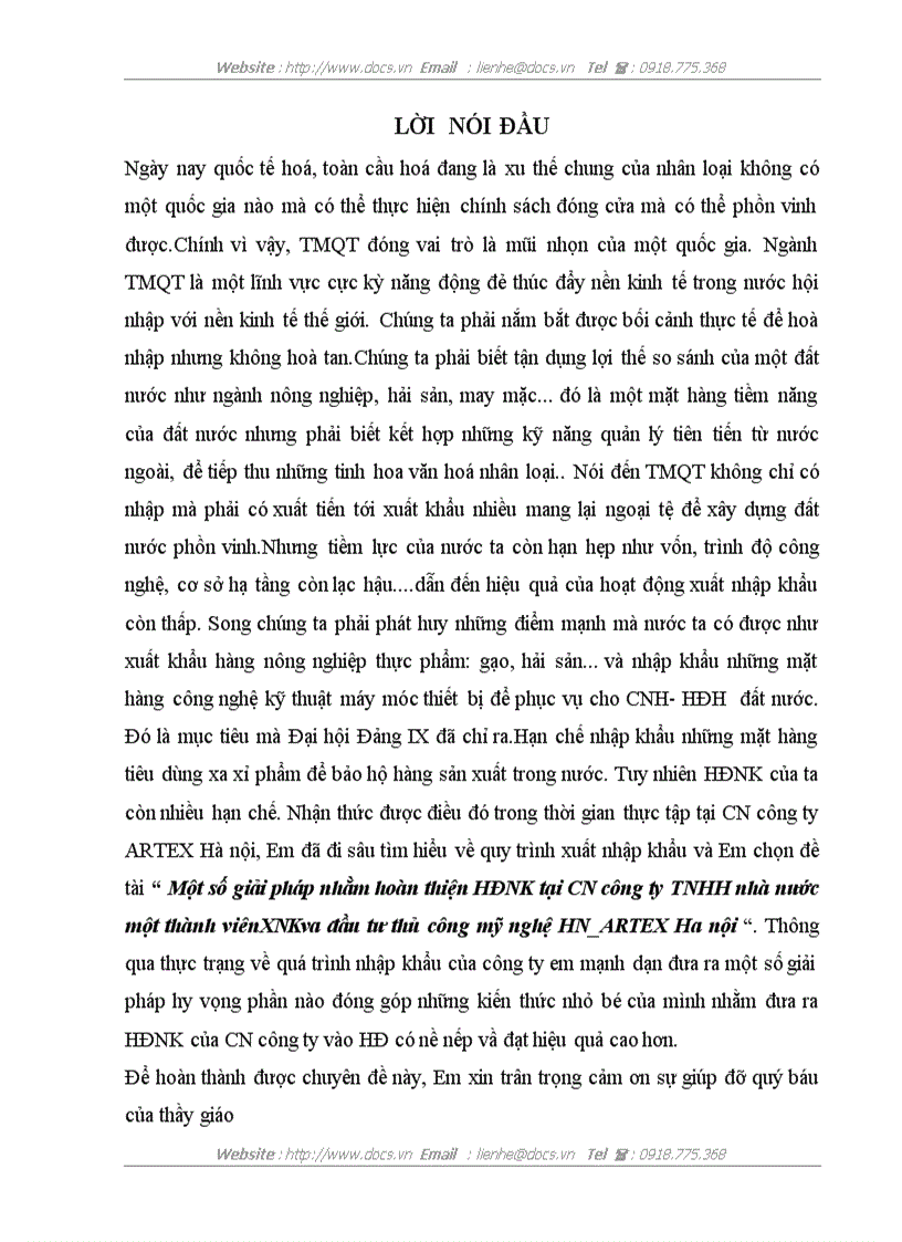 Một số giải pháp nhằm hoàn thiện HĐNK tại CN công ty TNHH nhà nước một thành viênXNKva đầu tư thủ công mỹ nghệ HN ARTEX Ha nội