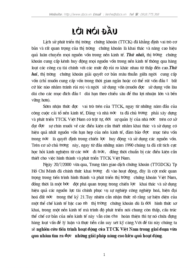 Nghiên cứu tiến trình hoạt động của thị trường CK Việt Nam trong giai đoạn vừa qua những giải pháp nâng cao hiệu quả hoạt động