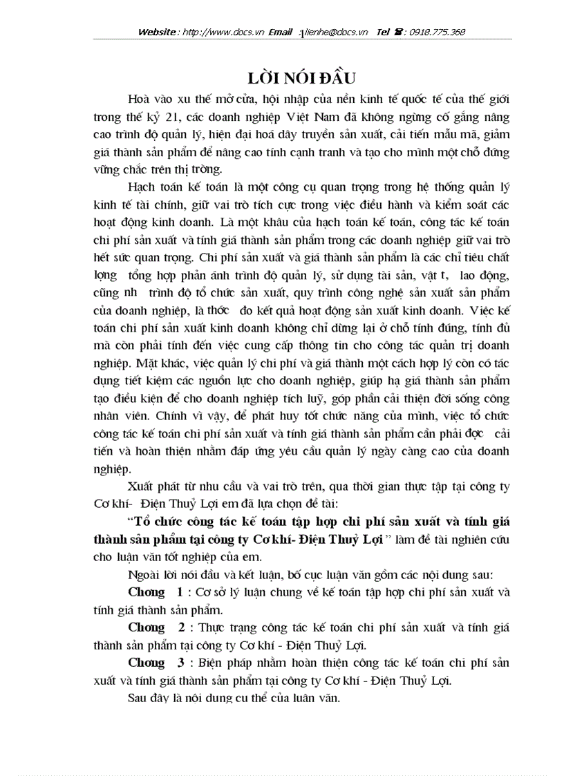 Tổ chức công tác kế toán tập hợp chi phí sản xuất và tính giá thành sản phẩm tại công ty Cơ khí Điện Thuỷ Lợi