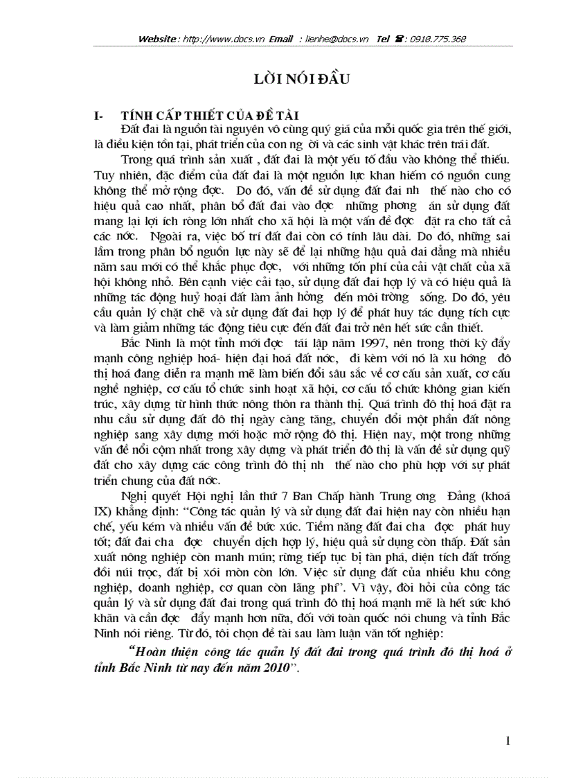 Hoàn thiện công tác quản lý đất đai trong quá trình đô thị hoá ở tỉnh Bắc Ninh từ nay đến năm 2010