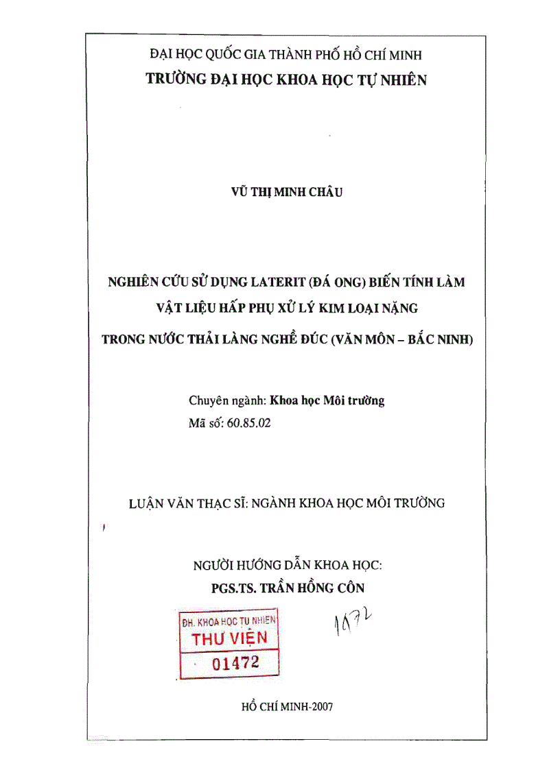 Nghiên cứu sử dụng laterit đá ong biến tính làm vật liệu hấp thụ xử lý kim loại nặng trong nước thải làng nghề đúc văn môn bắc kinh