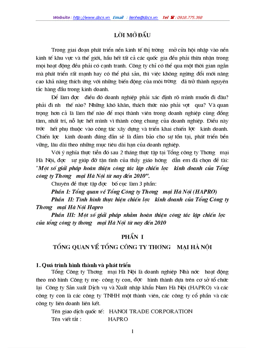 Một số giải pháp hoàn thiện công tác lập chiến lược kinh doanh của Tổng công ty Thương mại Hà Nội từ nay đến 2010