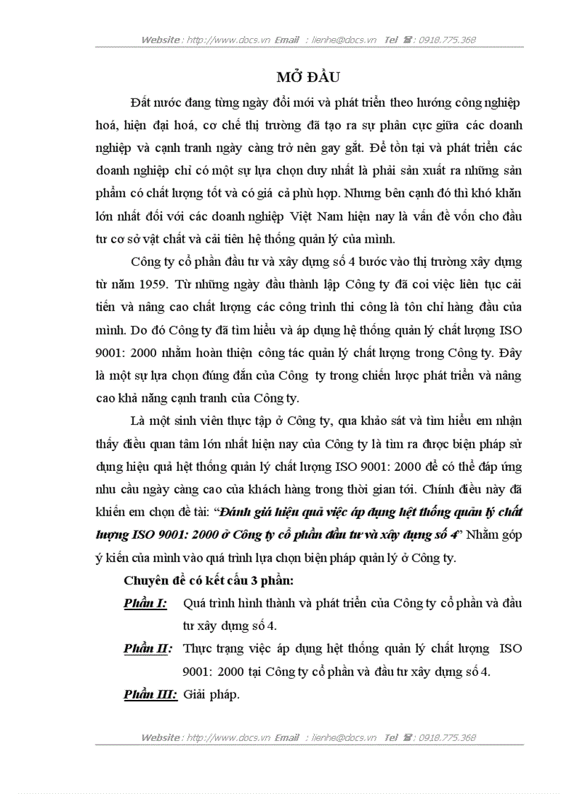Đánh giá hiệu quả việc áp dụng hệt thống quản lý chất lượng ISO 9001 2000 ở Công ty cổ phần đầu tư và xây dựng số 4