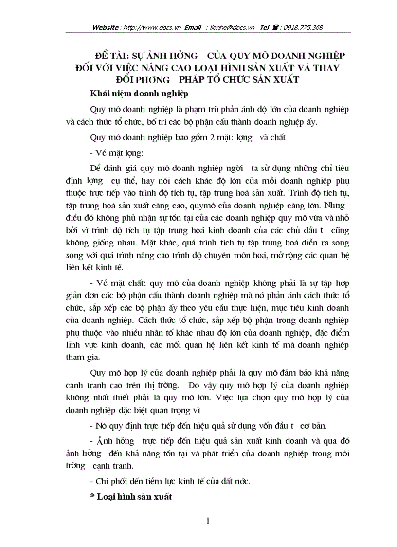 Sự ảnh hưởng của quy mô doanh nghiệp đối với việc nâng cao loại hình sản xuất và thay đổi phương pháp tổ chức sản xuất