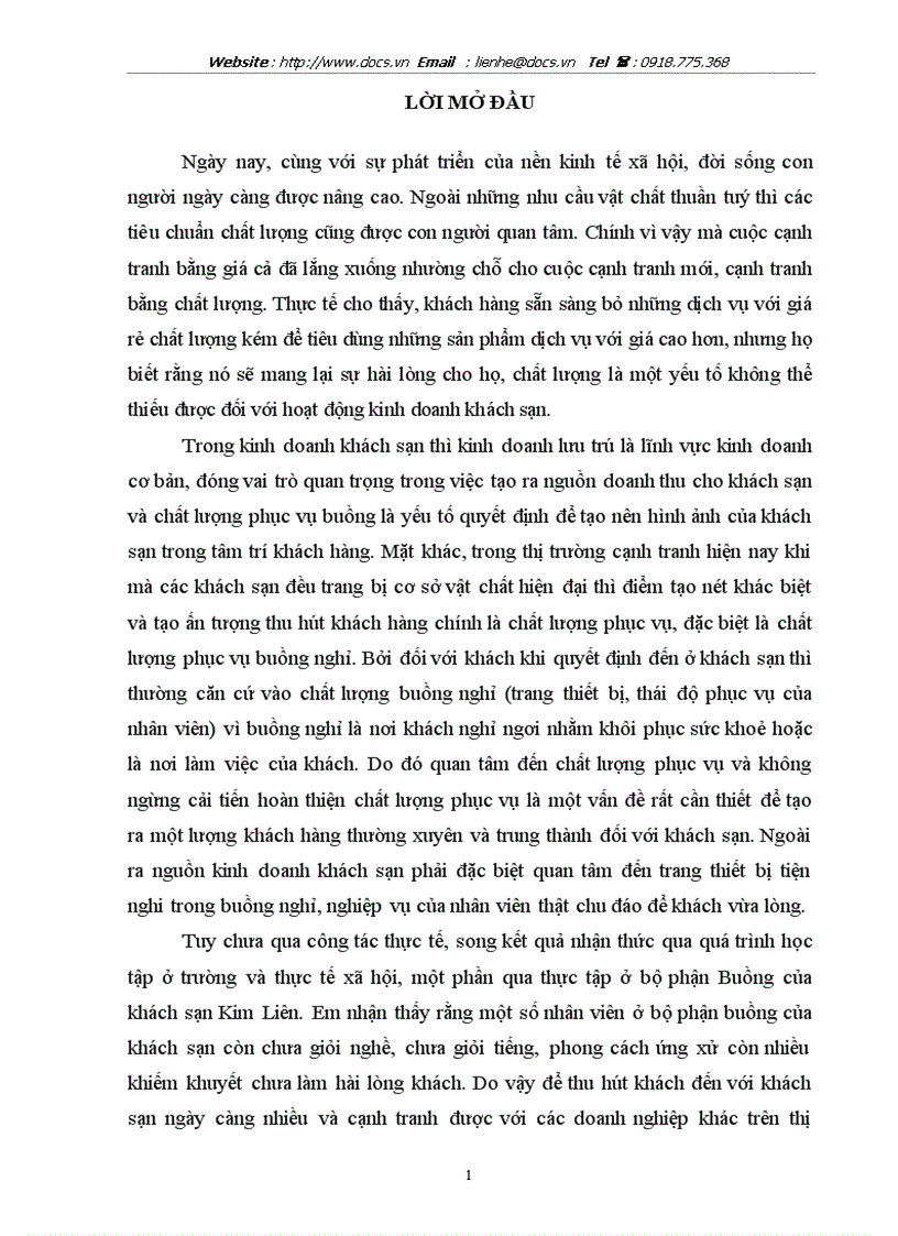 Thực trạng và một số giải pháp nhằm hoàn thiện chất lượng phục vụ buồng tại Khách Sạn Kim Liên