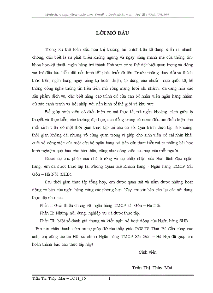 Báo cáo thực tập tại Phòng Quan Hệ Khách hàng Ngân hàng TMCP Sài Gòn Hà Nội SHB
