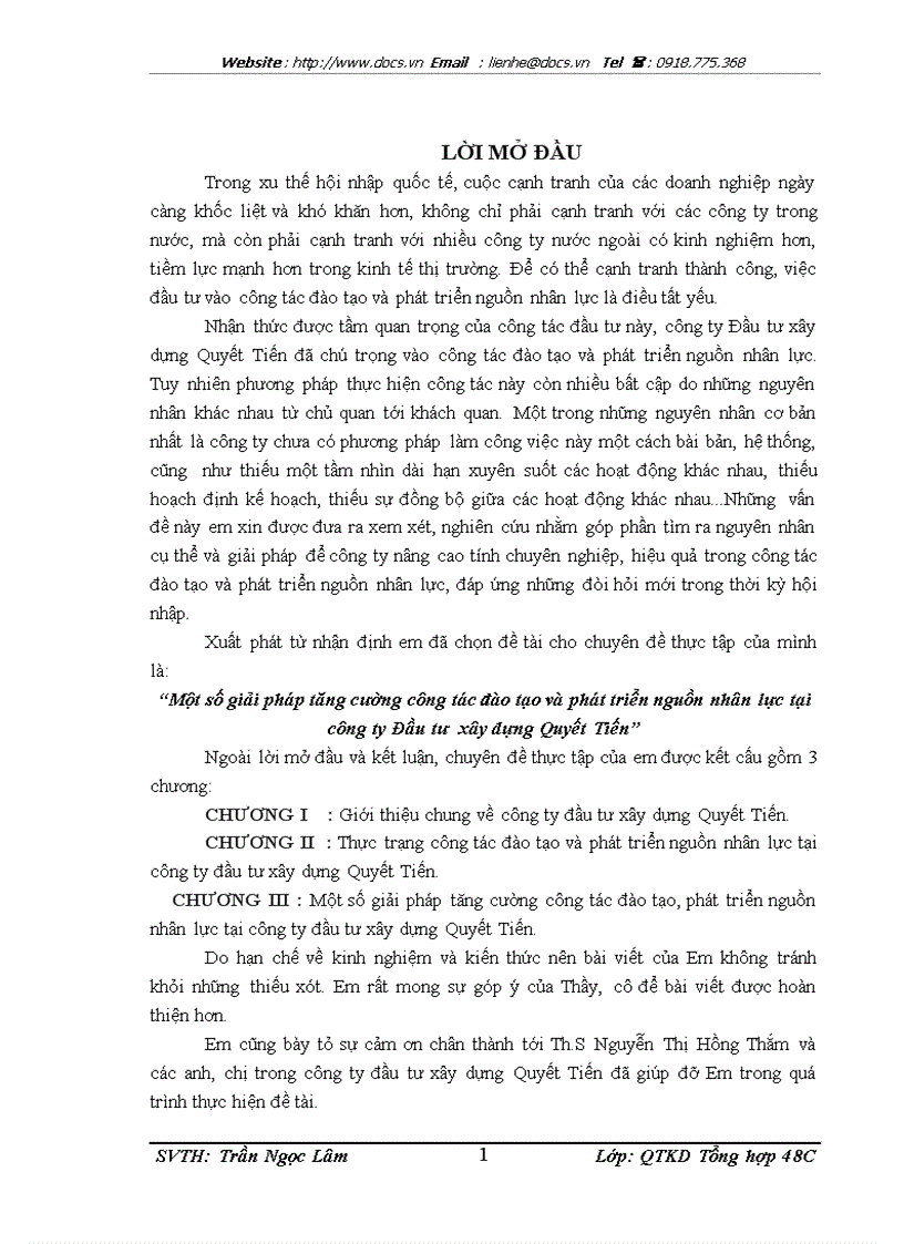 Một số giải pháp tăng cường công tác đào tạo và phát triển nguồn nhân lực tại công ty Đầu tư xây dựng Quyết Tiến
