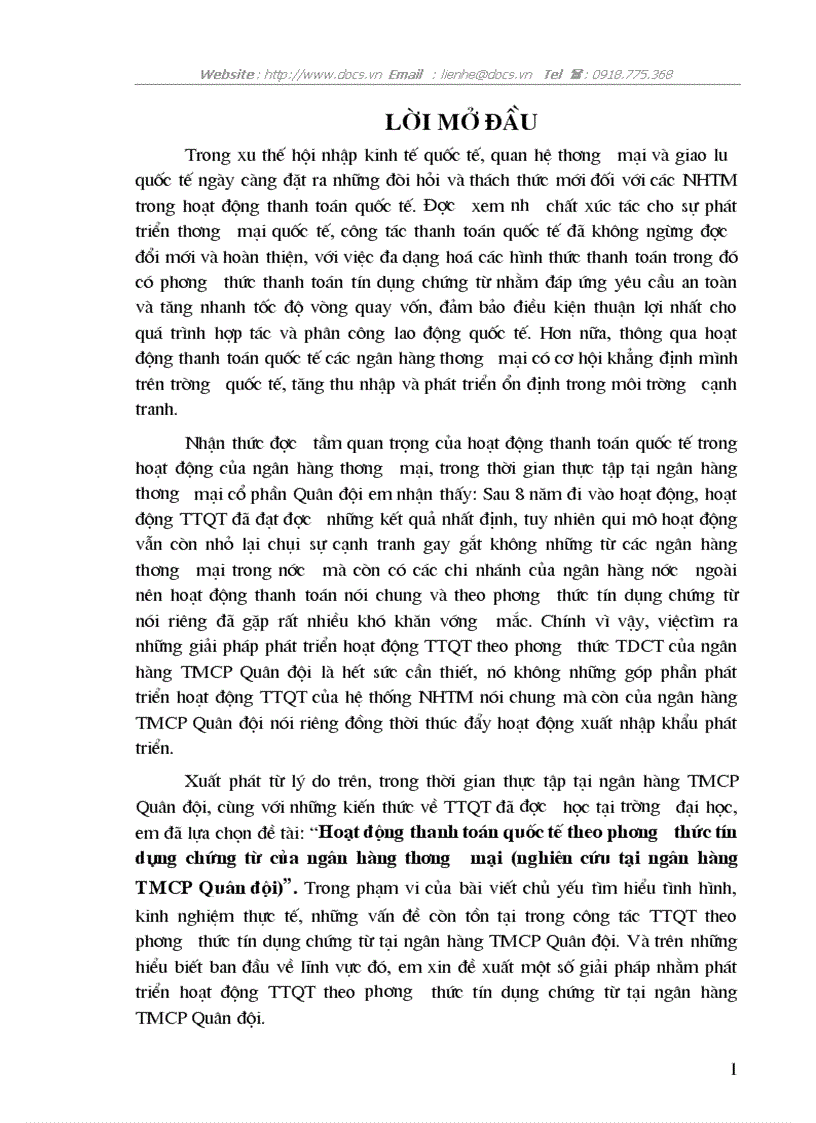 Hoạt động thanh toán quốc tế theo phương thức tín dụng chứng từ của ngân hàng thương mại nghiên cứu tại ngân hàng TMCP Quân đội