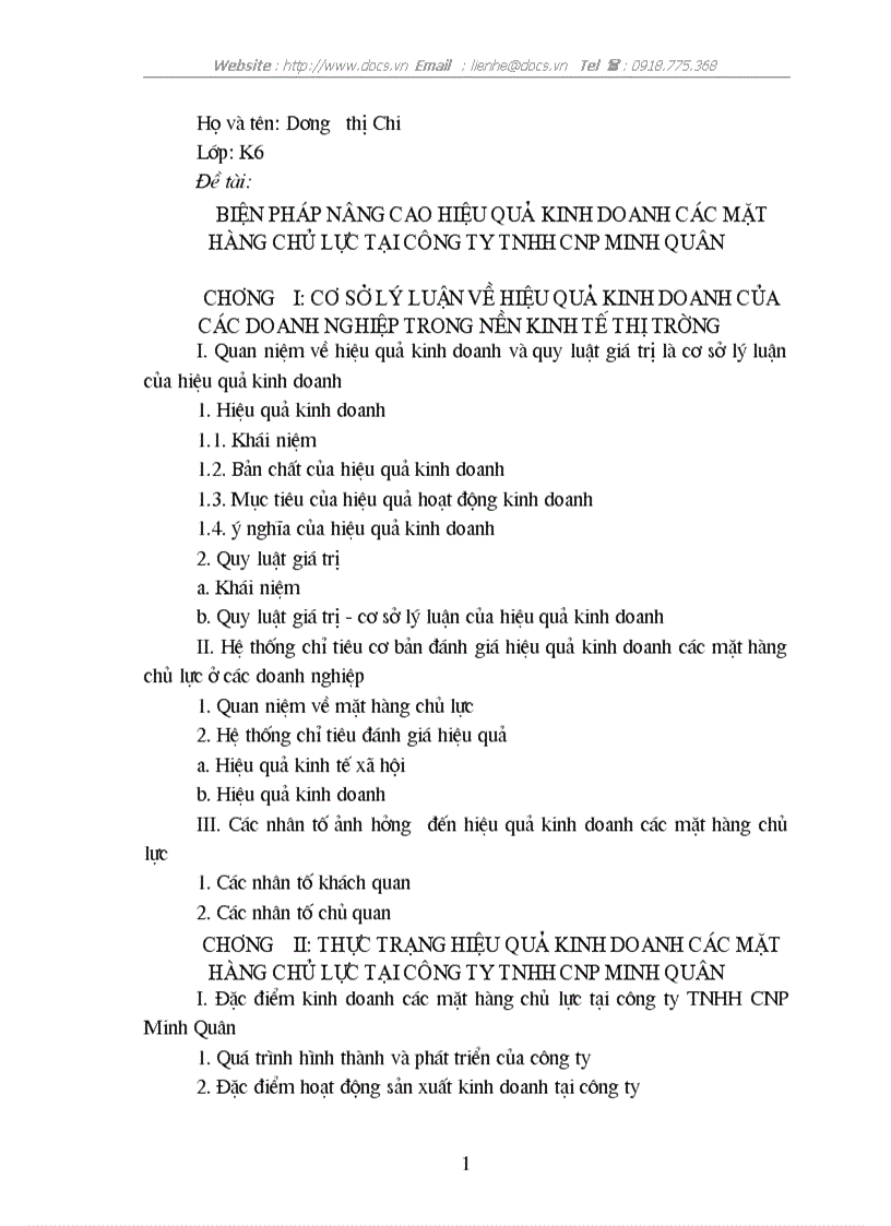 Biện pháp nâng cao hiệu quả kinh doanh các mặt hàng chủ lực tại công ty tnhh cnp minh quân