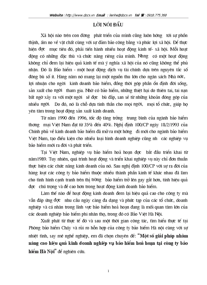 Một số giải pháp nhằm nâng cao hiệu quả kinh doanh nghiệp vụ bảo hiểm hoả hoạn tại công ty bảo hiểm Hà Nội