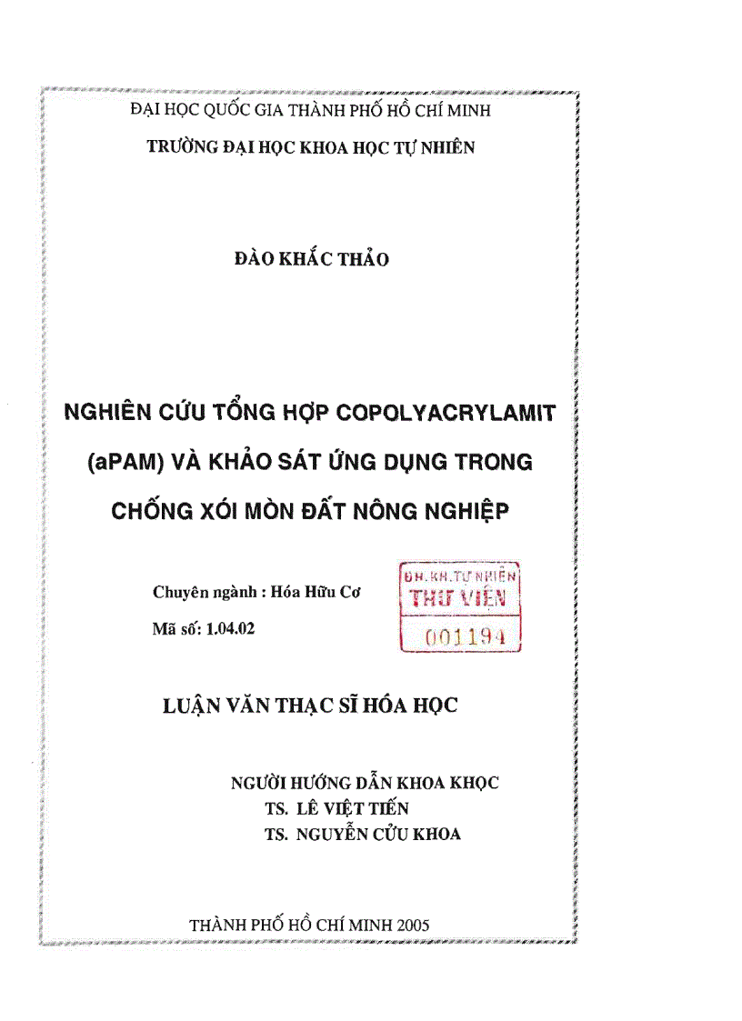 Nghiên cứu tổng hợp copolyacrylamit aPAM và khảo sát ứng dụng trong chống xói mòn đất nông nghiệp