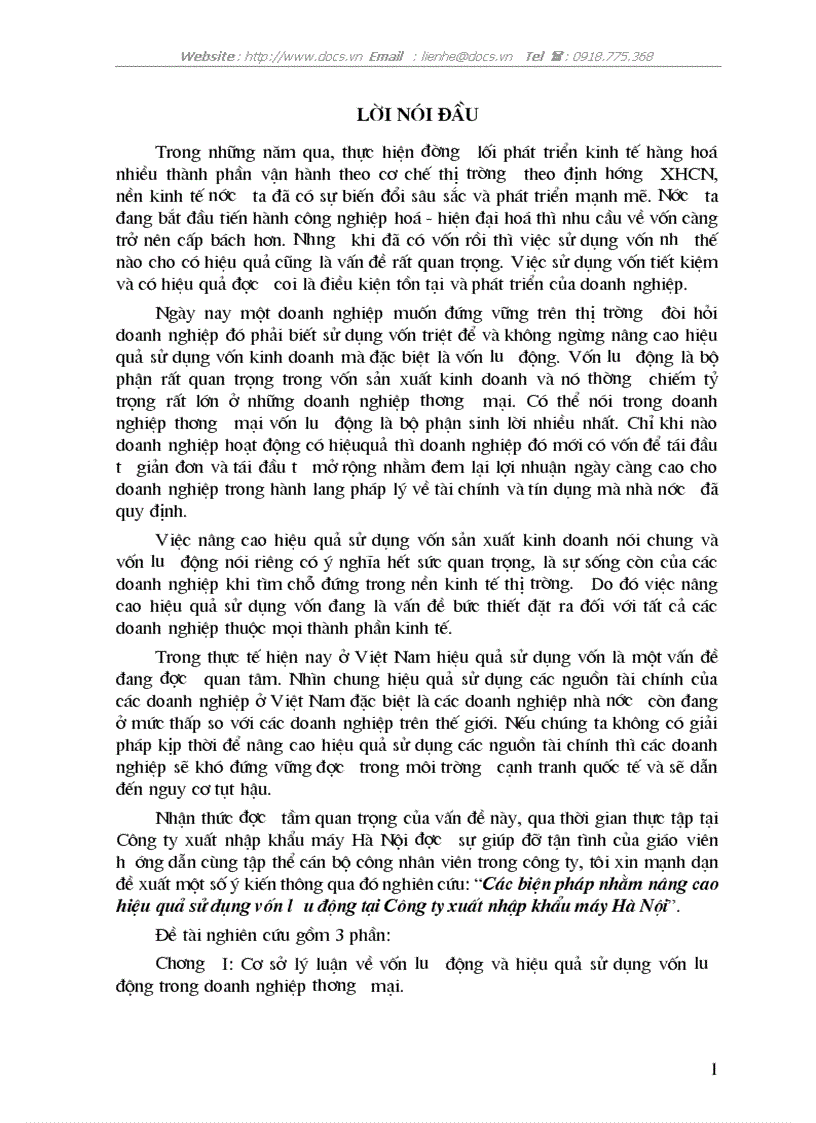 Các biện pháp nhằm nâng cao hiệu quả sử dụng vốn lưu động tại Công ty xuất nhập khẩu máy Hà Nội
