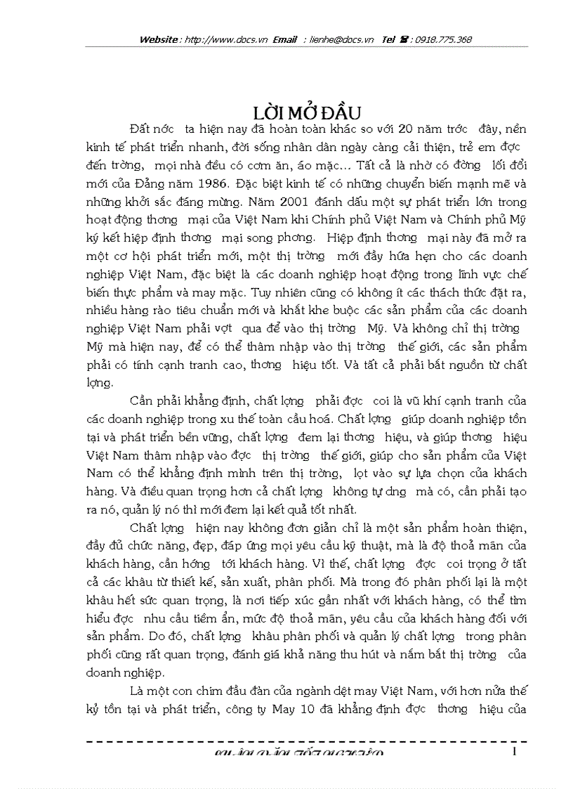 Giải pháp hoàn thiện quản lý chất lượng trong phân phối và bán hàng tại công ty cp may 10