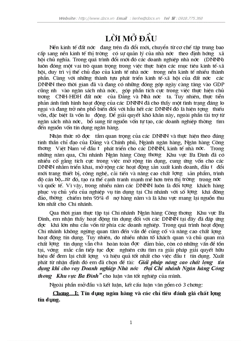 Giải pháp nâng cao chất lượng tín dụng khi cho vay Doanh nghiệp Nhà nước t9ại Chi nhánh Ngân hàng Công thương Khu vực Ba Đình