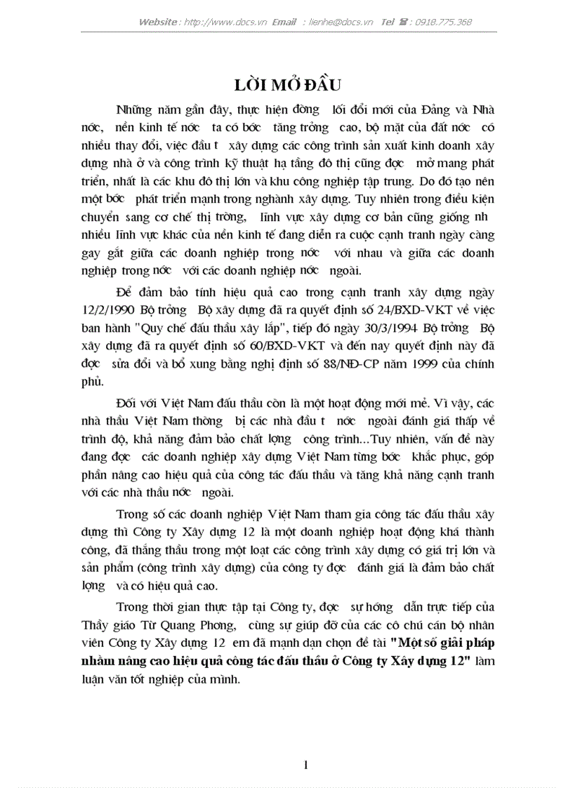 Một số giải phỏp nhằm nõng cao hiệu quả cụng tỏc đấu thầu ở Cụng ty Xõy dựng 12
