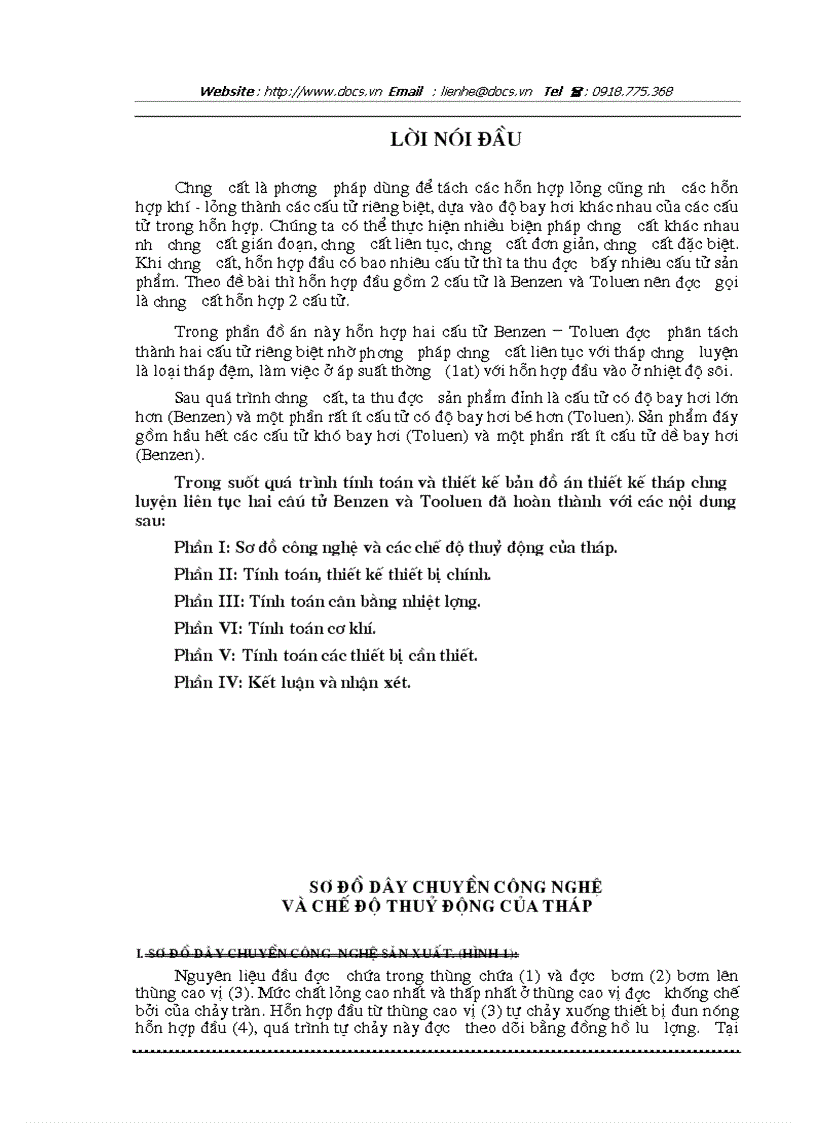 Tính toán và thiết kế bản đồ án thiết kế tháp chưng luyện liên tục hai câú tử Benzen và Tooluen