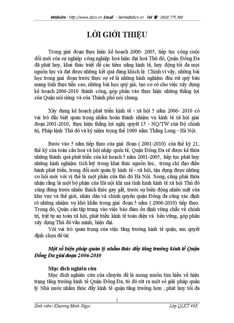 Một số biện pháp quản lý nhằm thúc đẩy tăng trưởng kinh tế Quận Đống Đa giai đoạn 2006 2010