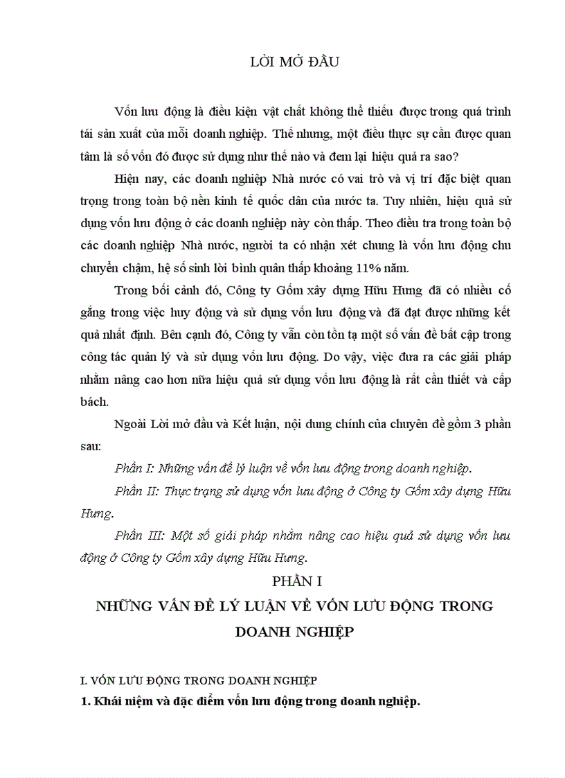 Thực trạng sử dụng vốn lưu động ở Công ty Gốm xây dựng Hữu Hưng