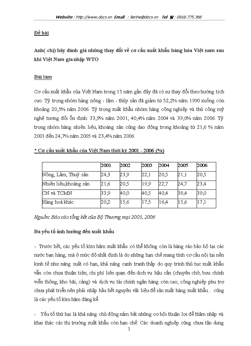 Đánh giá những thay đổi về cơ cấu xuất khẩu hàng hoá Việt nam sau khi Việt Nam gia nhập WTO