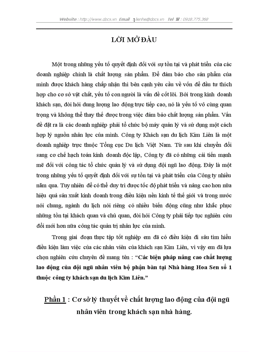 Các biện pháp nâng cao chất lượng lao động của đội ngũ nhân viên bộ phận bàn tại Nhà hàng Hoa Sen số 1 thuộc công ty khách sạn du lịch Kim Liên