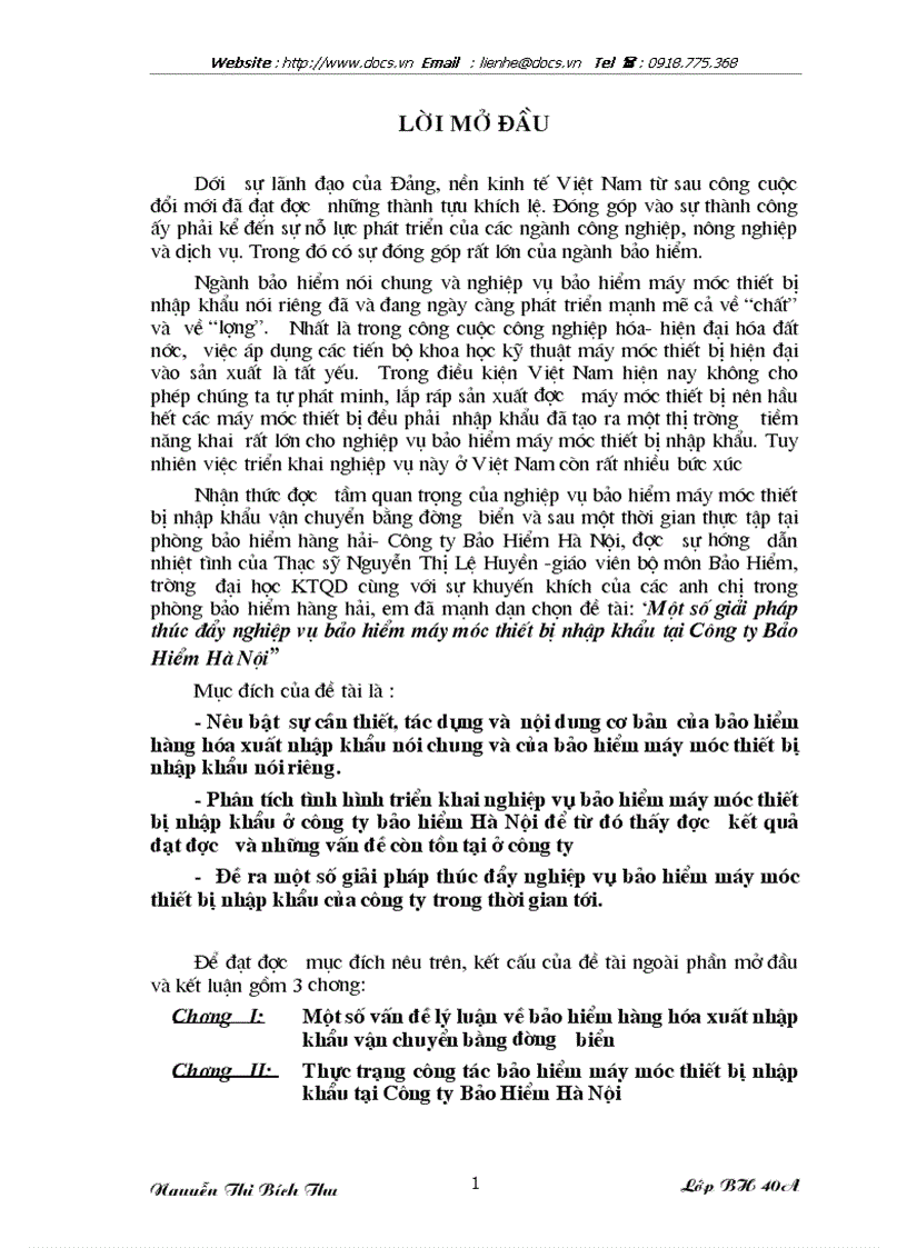Một số giải pháp thúc đẩy nghiệp vụ bảo hiểm máy móc thiết bị nhập khẩu tại Công ty Bảo Hiểm Hà Nội