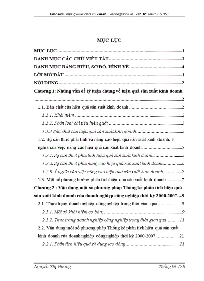 Vận dụng một số phương pháp Thống kê phân tích hiệu quả sản xuất kinh doanh của doanh nghiệp công nghiệp thời kỳ 2000 2007