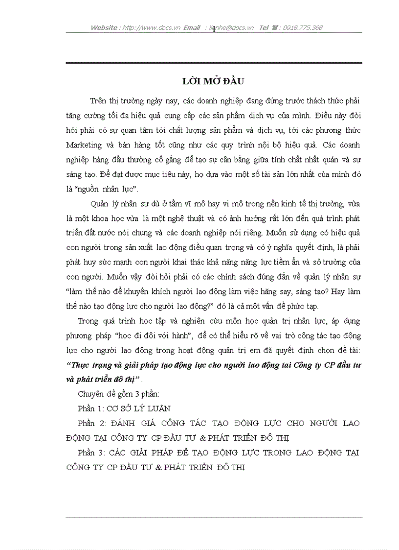 Thực trạng và giải pháp tạo động lực cho người lao động tai Công ty CP đầu tư và phát triển đô thị