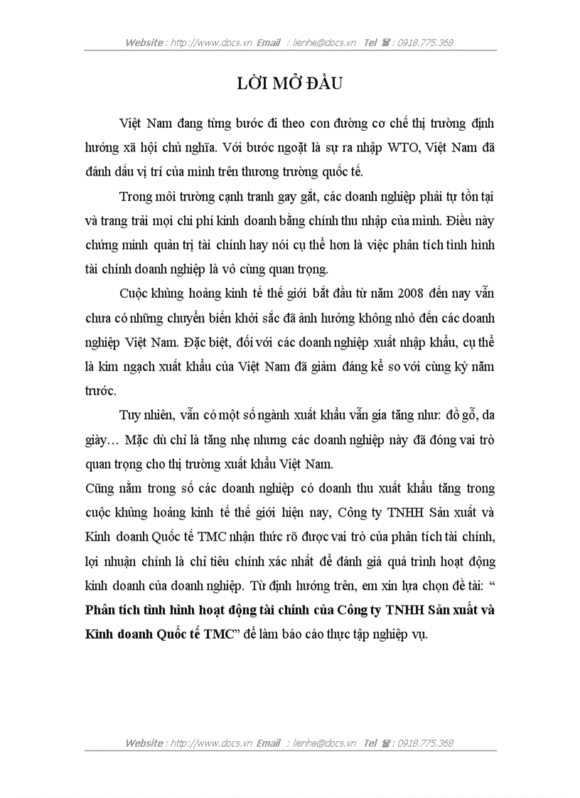 Phân tích tình hình hoạt động tài chính của Công ty TNHH Sản xuất và Kinh doanh Quốc tế TMC