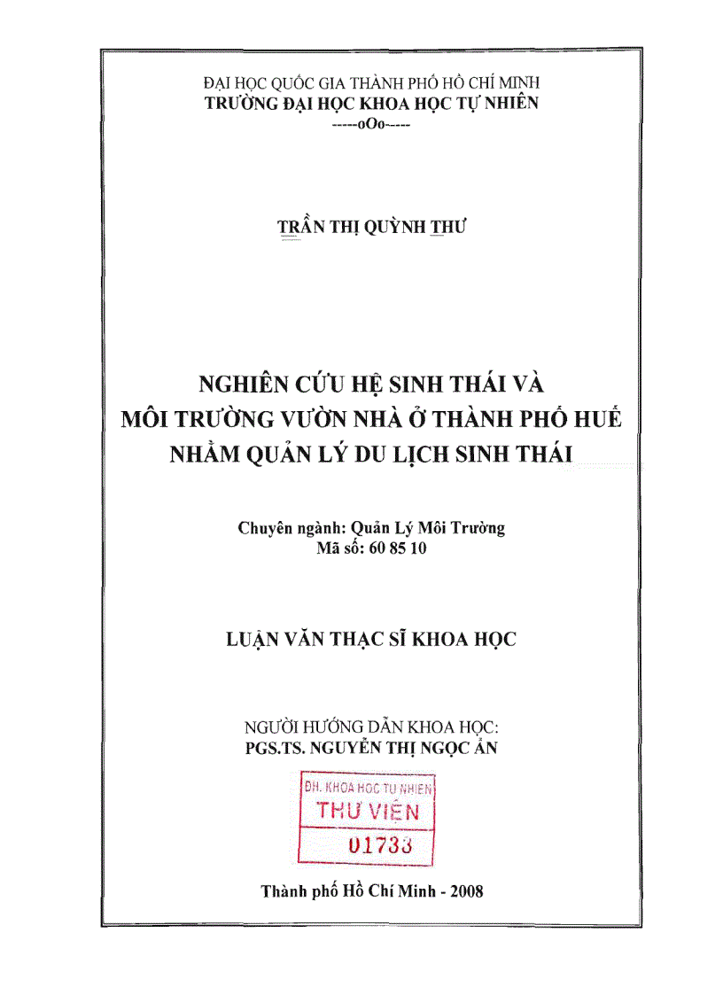 Nghiên cứu hệ sinh thái và môi trường vườn nhà ở thánh phố huế nhằm quản lý du lịch sinh thái