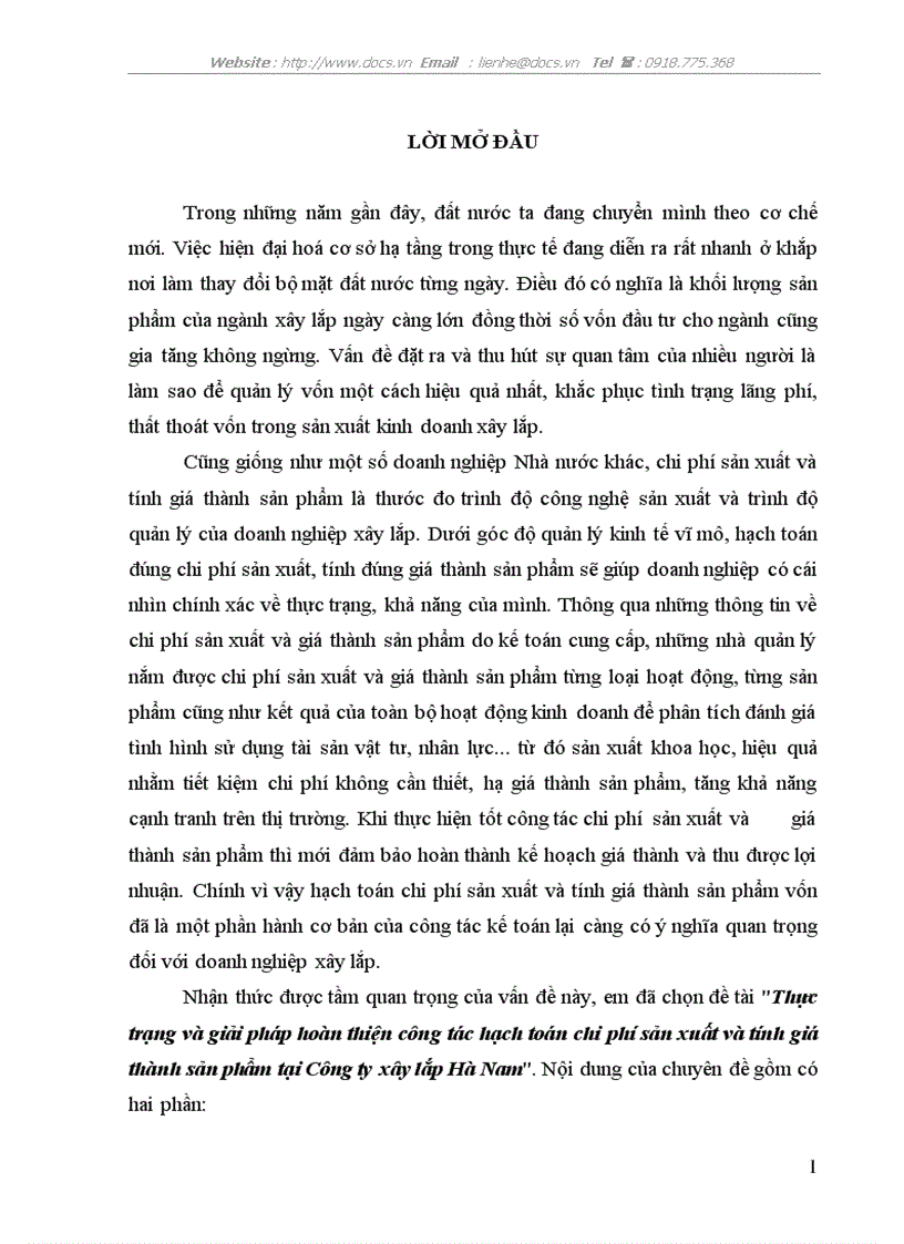 Thực trạng và giải pháp hoàn thiện công tác hạch toán chi phí sản xuất và tính giá thành sản phẩm tại Công ty xây lắp Hà Nam