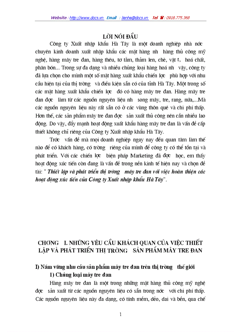 Thiết lập và phát triển thị trường mây tre đan với việc hoàn thiện các hoạt động xúc tiến của Công ty Xuất nhập khẩu Hà Tây