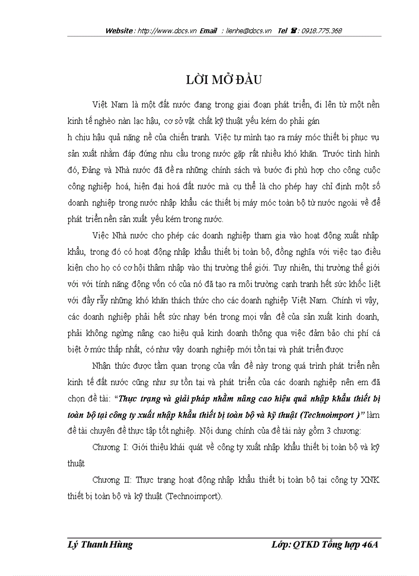 Thực trạng và giải pháp nhằm nâng cao hiệu quả nhập khẩu thiết bị toàn bộ tại Công ty XNK thiết bị toàn bộ và kỹ thuật Technoimport