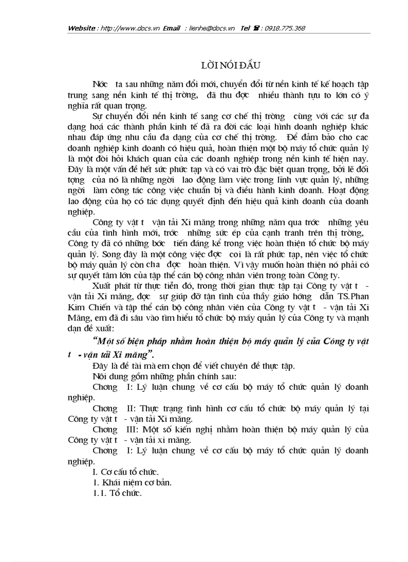 1số biện pháp nhằm hoàn thiện bộ máy quản lý của Công ty vật tư vận tải Xi măng