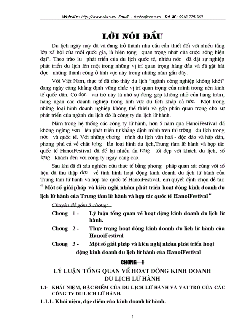 Một số giải pháp và kiến nghị nhằm phát triển hoạt động kinh doanh du lịch lữ hành của Trung tâm lữ hành và hợp tác quốc tế HanoiFestival