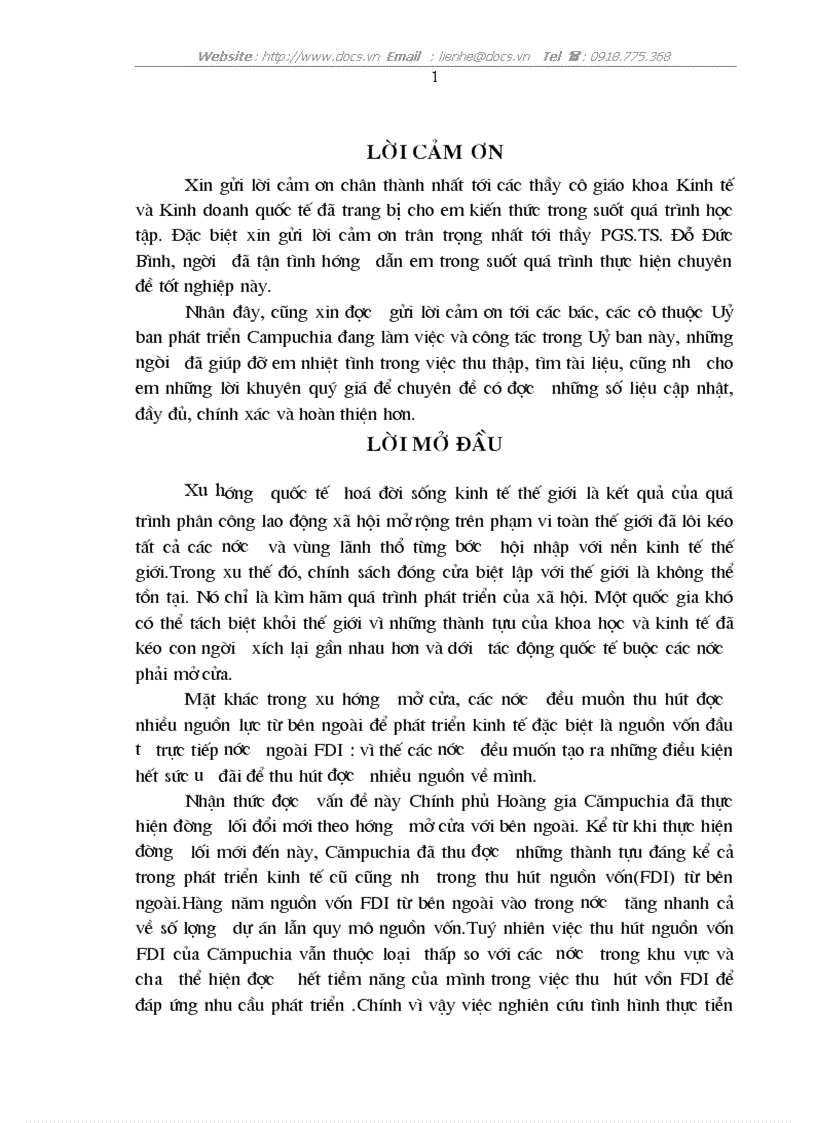 Đầu tư trực tiếp nước ngoài FDI vào Cămpuchia thực trạng và giải pháp