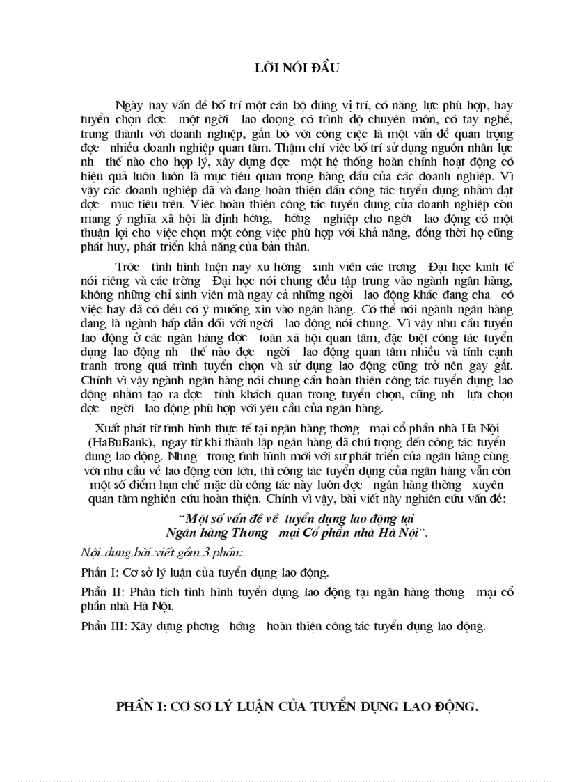 Một số vấn đề về tuyển dụng lao động tại Ngân hàng Thương mại Cổ phần nhà Hà Nộ